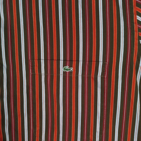 Lacoste Brown Red Striped Long Sleeve Button Shirt Mens 44 XL Casual 100% Cotton - Picture 4 of 8